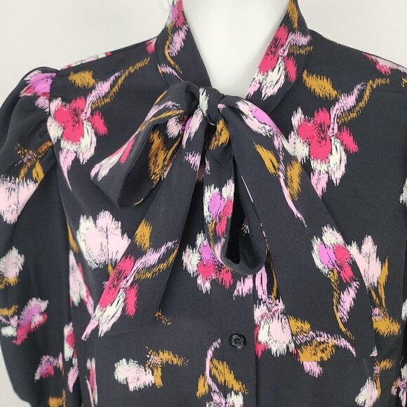 Who What Wear Black Floral High Cuff Tie Neck Button Front Blouse Womens L - Picture 2 of 7